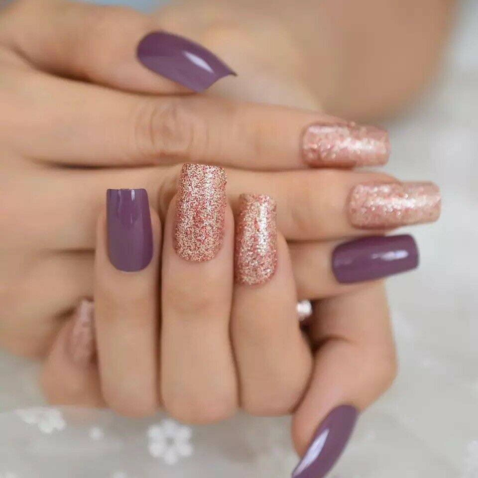 Press On Nails Purple Glossy Red Coffin Glitter Nail Kit - TGC Boutique - Press On Nails