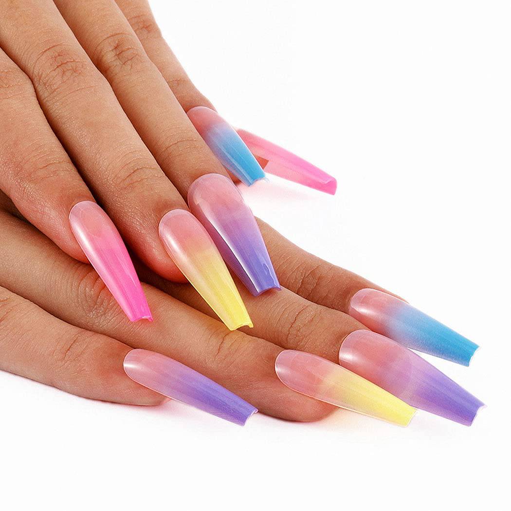 Press On Nails Rainbow Glossy Ombre Coffin Tip Nail Kit - TGC Boutique - Press On Nails