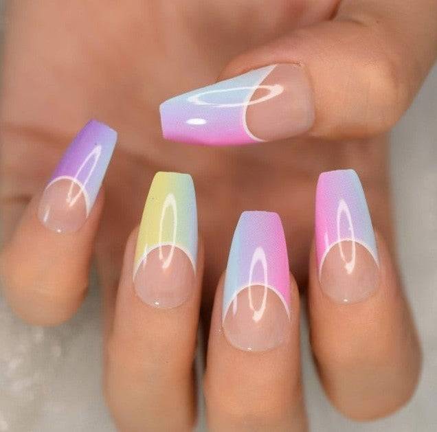 Press On Nails Rainbow Glossy Ombre French Coffin Nail Kit - TGC Boutique - Press On Nails