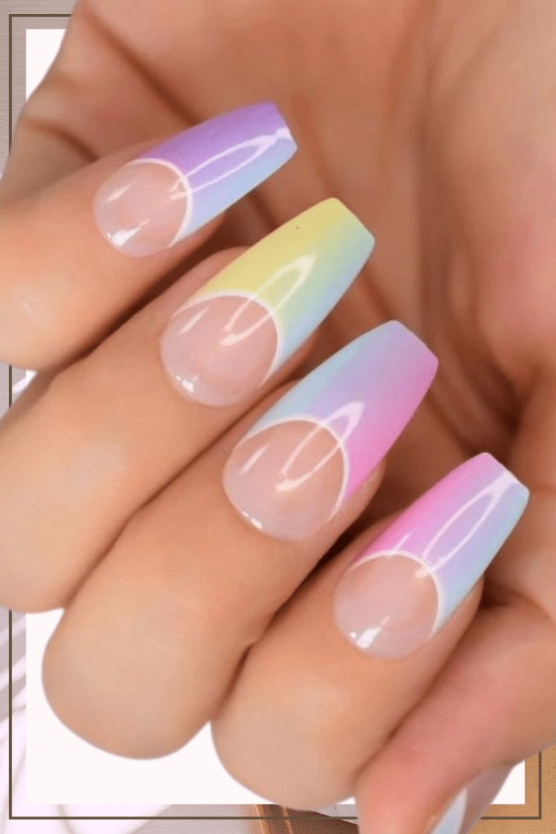 Press On Nails Rainbow Glossy Ombre French Coffin Nail Kit - TGC Boutique - Press On Nails