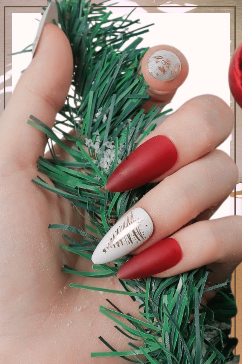 Press On Nails Red And White Matte Almond Christmas Tree Nail Kit - TGC Boutique - Press On Nails