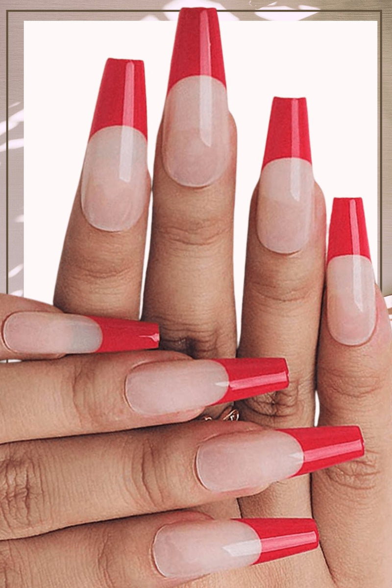 Press On Nails Red French Tip Glossy Coffin Nail Kit TGC Boutique