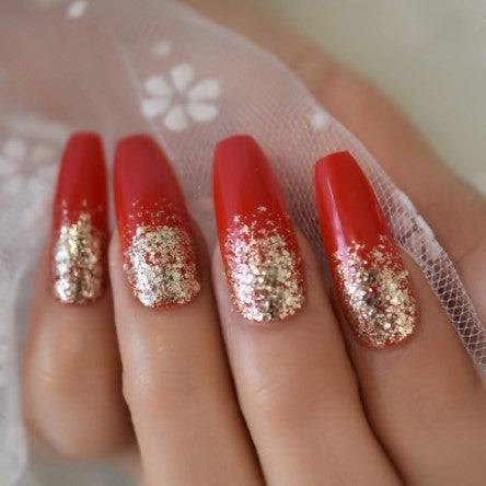 Press On Nails Red Glossy Coffin Gold Glitter Nail Kit - TGC Boutique - Press On Nails