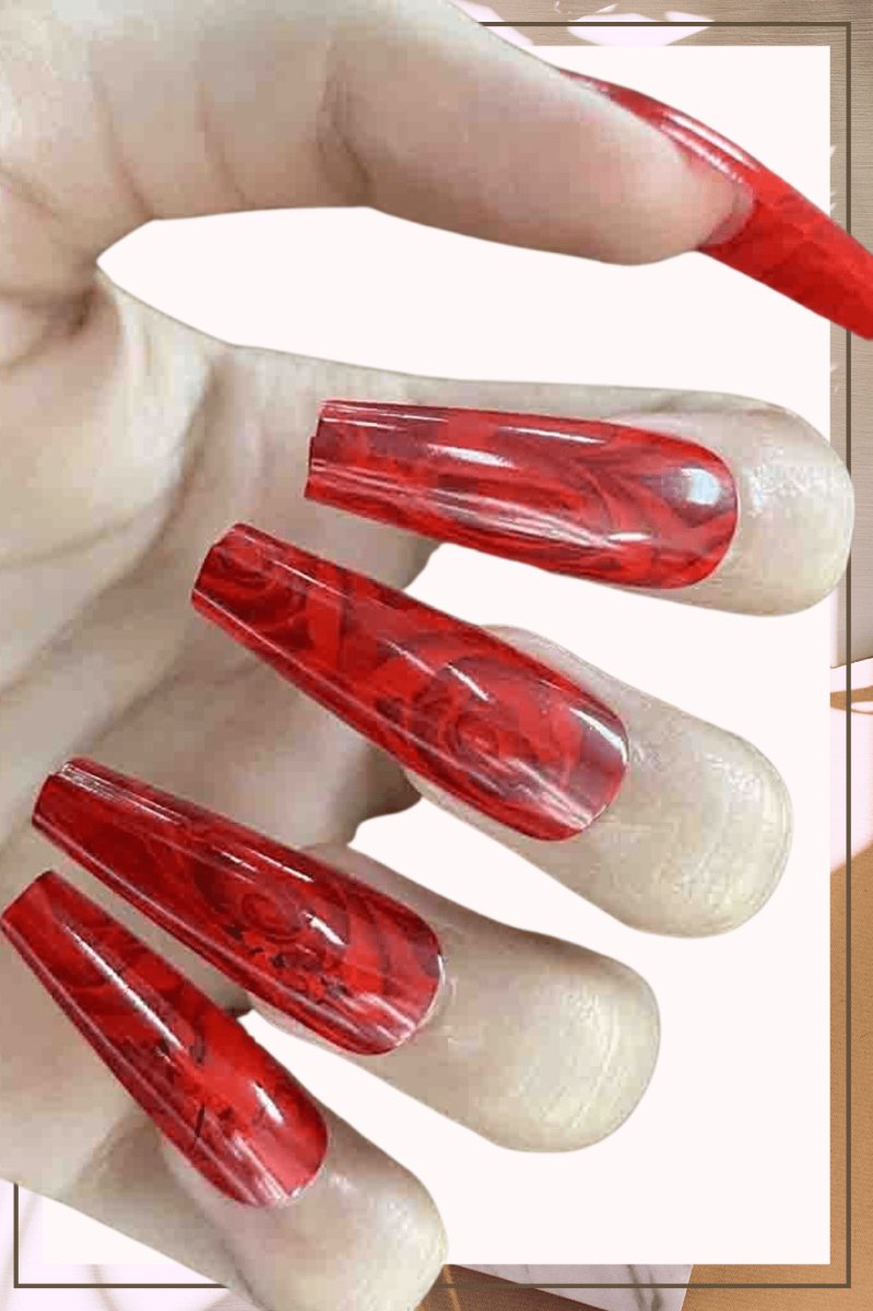 Press On Nails Red Glossy Coffin Rose Nail Kit - TGC Boutique - Press On Nails
