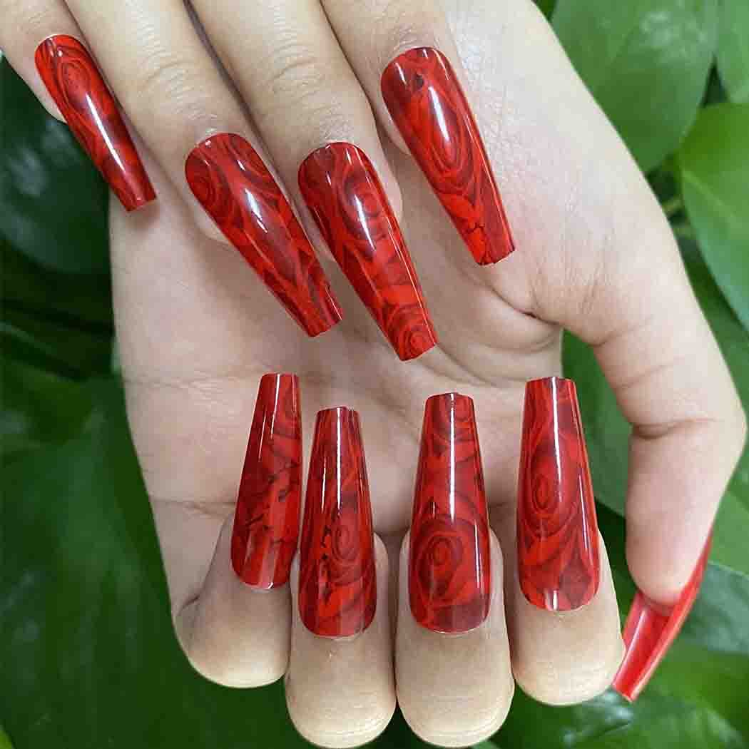 Press On Nails Red Glossy Coffin Rose Nail Kit - TGC Boutique - Press On Nails