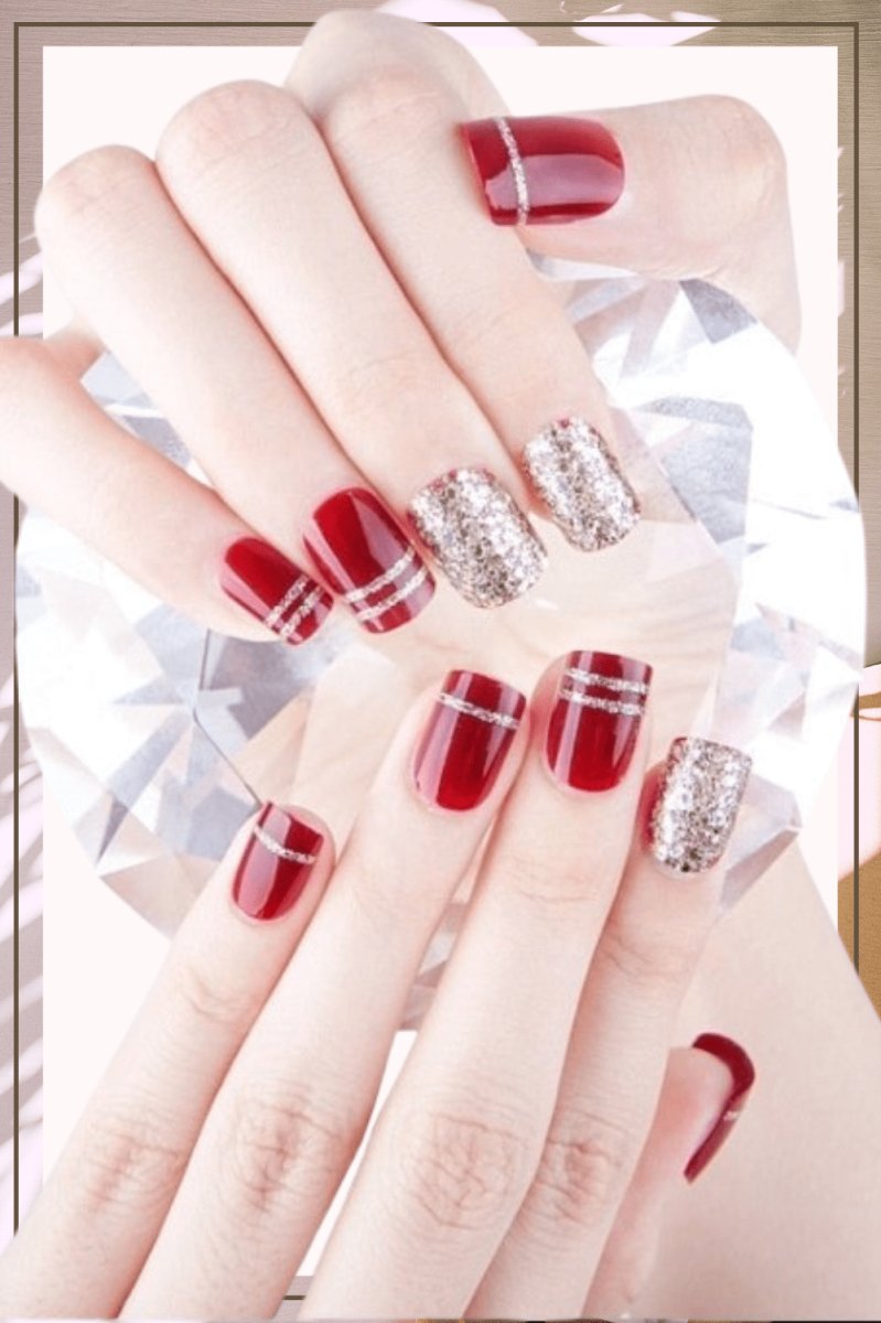 Press On Nails Red Glossy Square Silver Nail Kit - TGC Boutique - Press On Nails