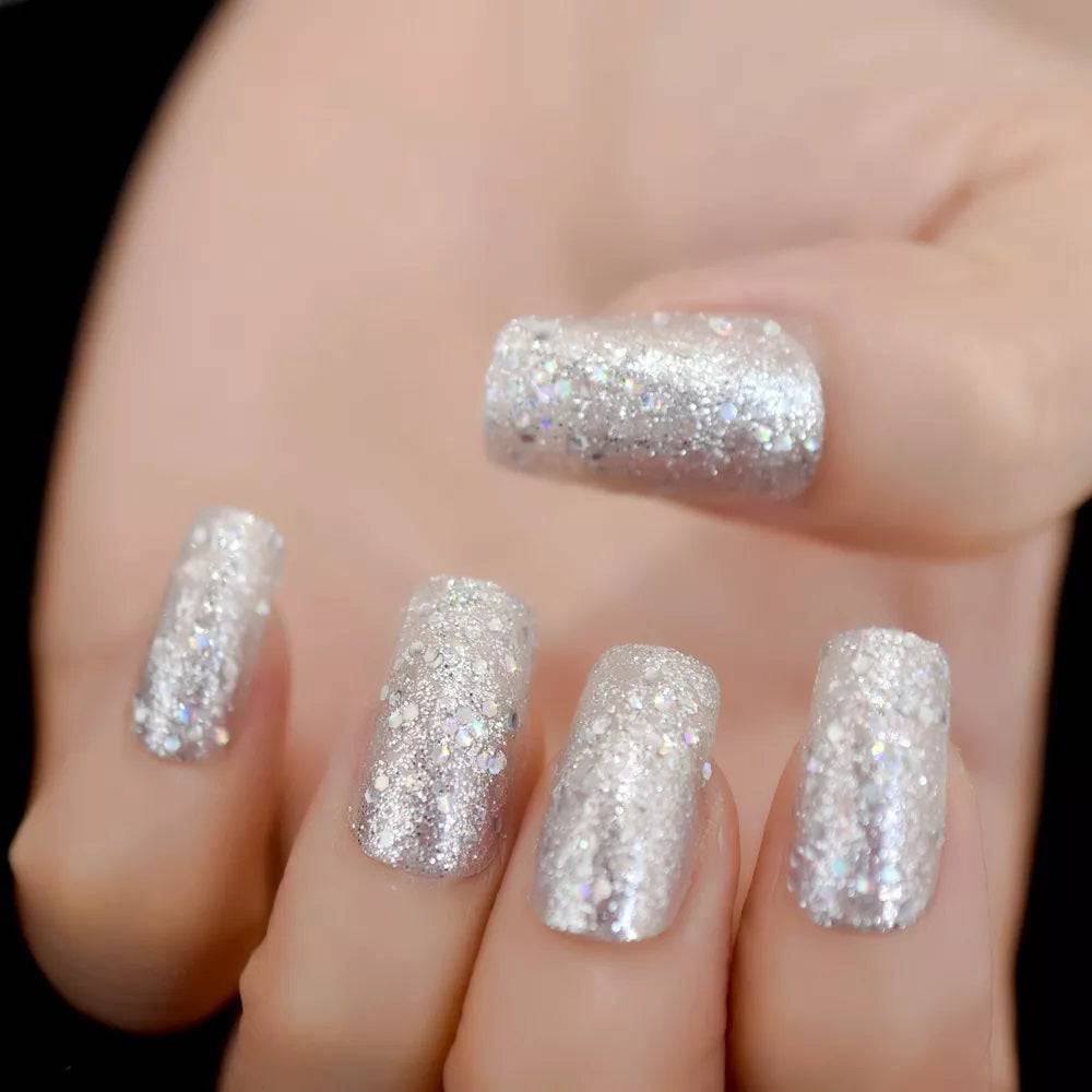 Press On Nails Silver Glitter Glossy Square Nail Kit - TGC Boutique - Press On Nails