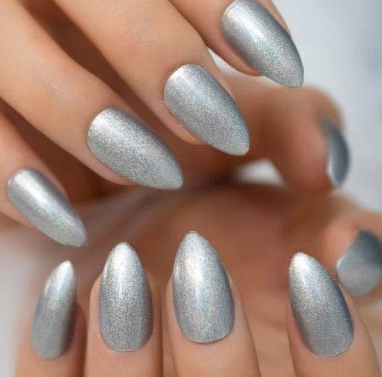 Press On Nails Silver Glossy Almond Shimmer Nail Kit - TGC Boutique - Press On Nails