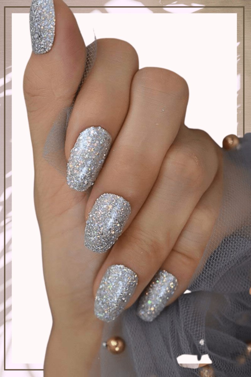 Press On Nails Silver Glossy Coffin Glitter Nail Kit - TGC Boutique - Press On Nails