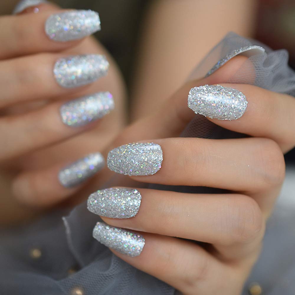 Press On Nails Silver Glossy Coffin Glitter Nail Kit - TGC Boutique - Press On Nails