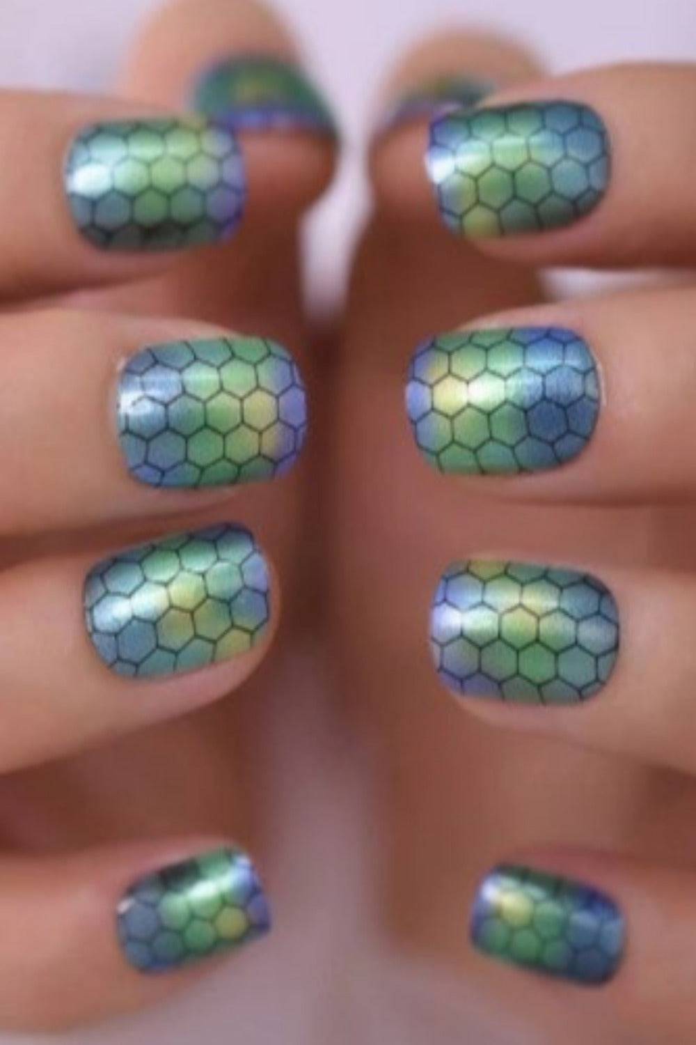 Press On Nails Snaik Pattern Blue & Green Ombre Round Tip Nail Kit - TGC Boutique - Press On Nails