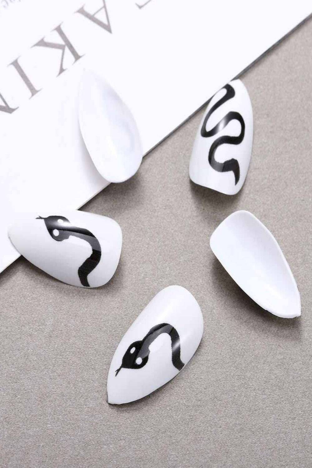 Press On Nails Snake White Glossy Stiletto Nail Kit - TGC Boutique - Press On Nails