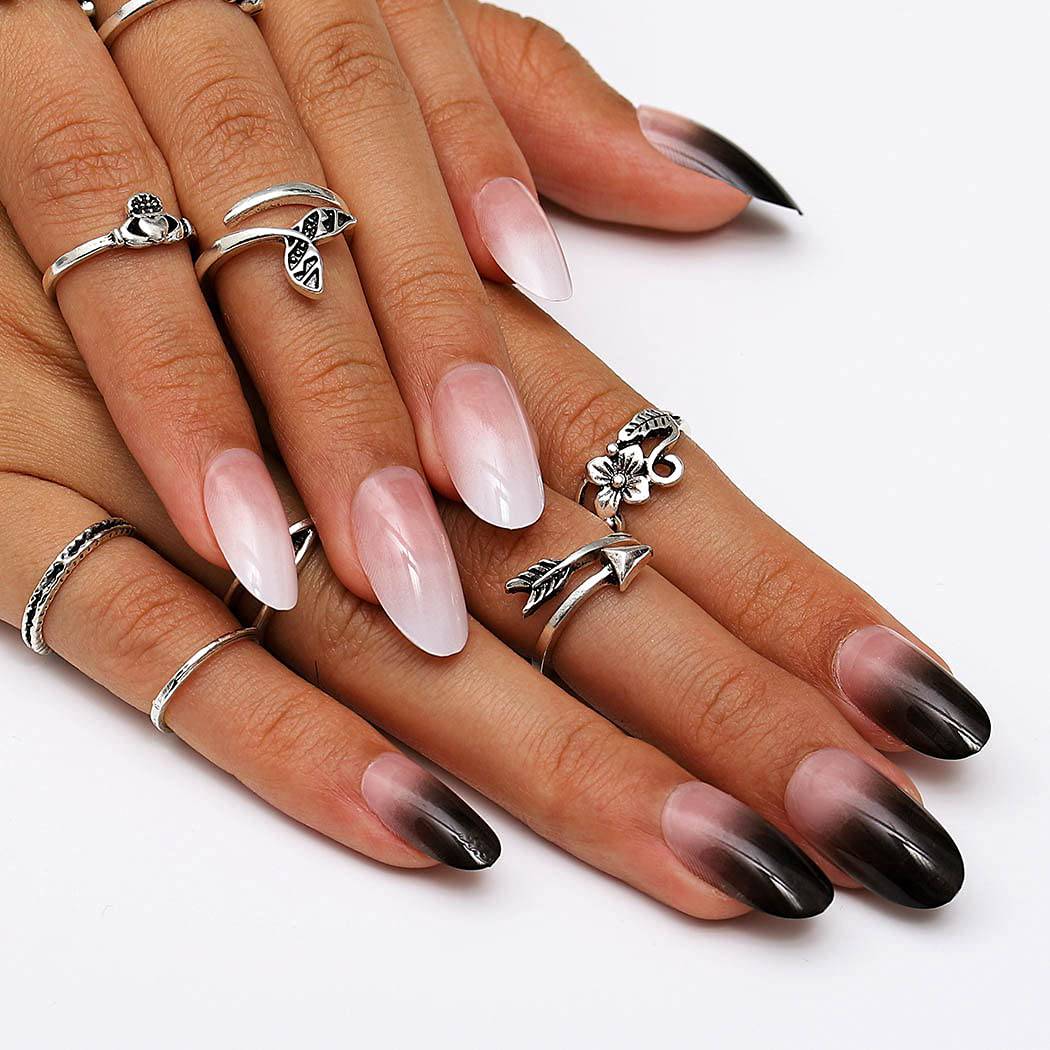 Press On Nails White And Black Ombre Glossy French Tip Almond Nail Kit - TGC Boutique - Press On Nails