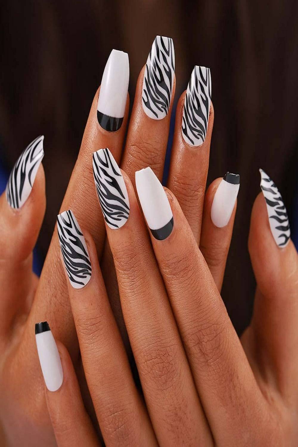 Press On Nails White And Black Zebra French Tip Coffin Animal Print Nails Kit - TGC Boutique - Press On Nails