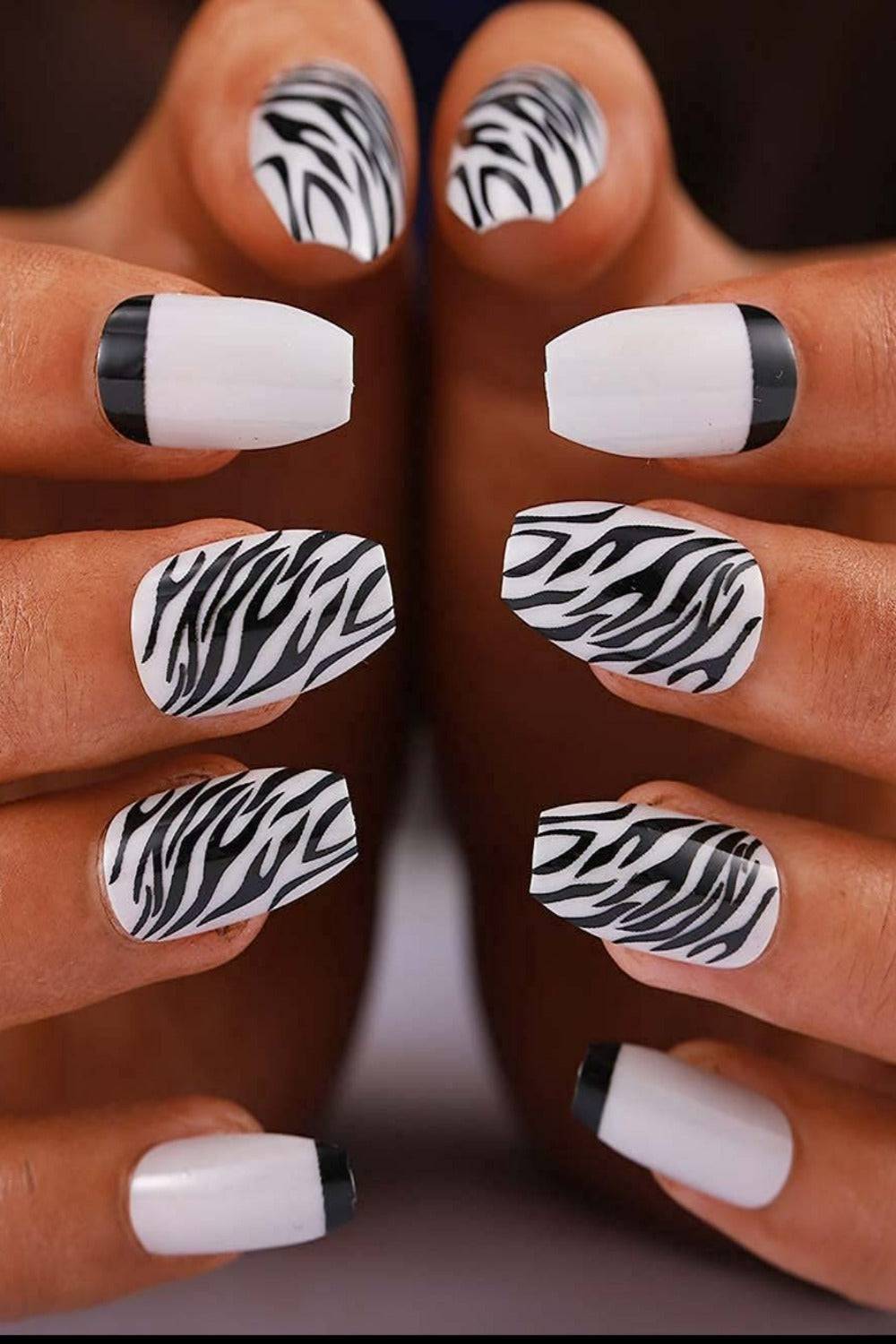 Press On Nails White And Black Zebra French Tip Coffin Animal Print Nails Kit - TGC Boutique - Press On Nails