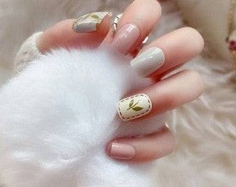 Press On Nails White And Pink Glossy Square Leaf Nail Kit - TGC Boutique - Press On Nails