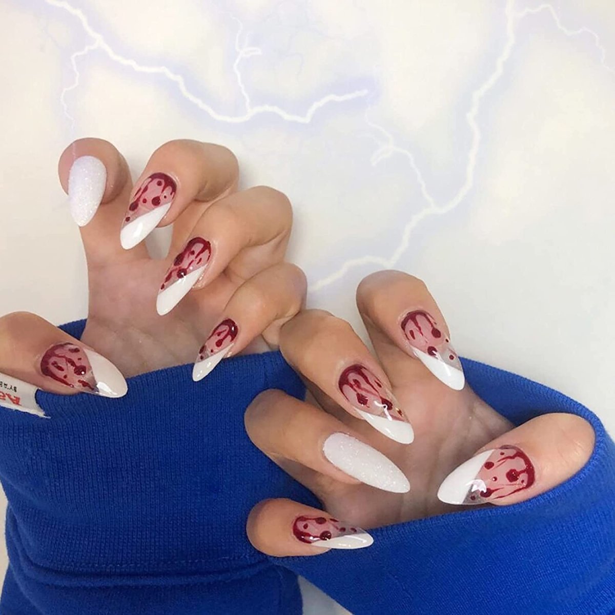 Press On Nails White French Glossy Almond Blood Dripping Nail Kit - TGC Boutique - Press On Nails