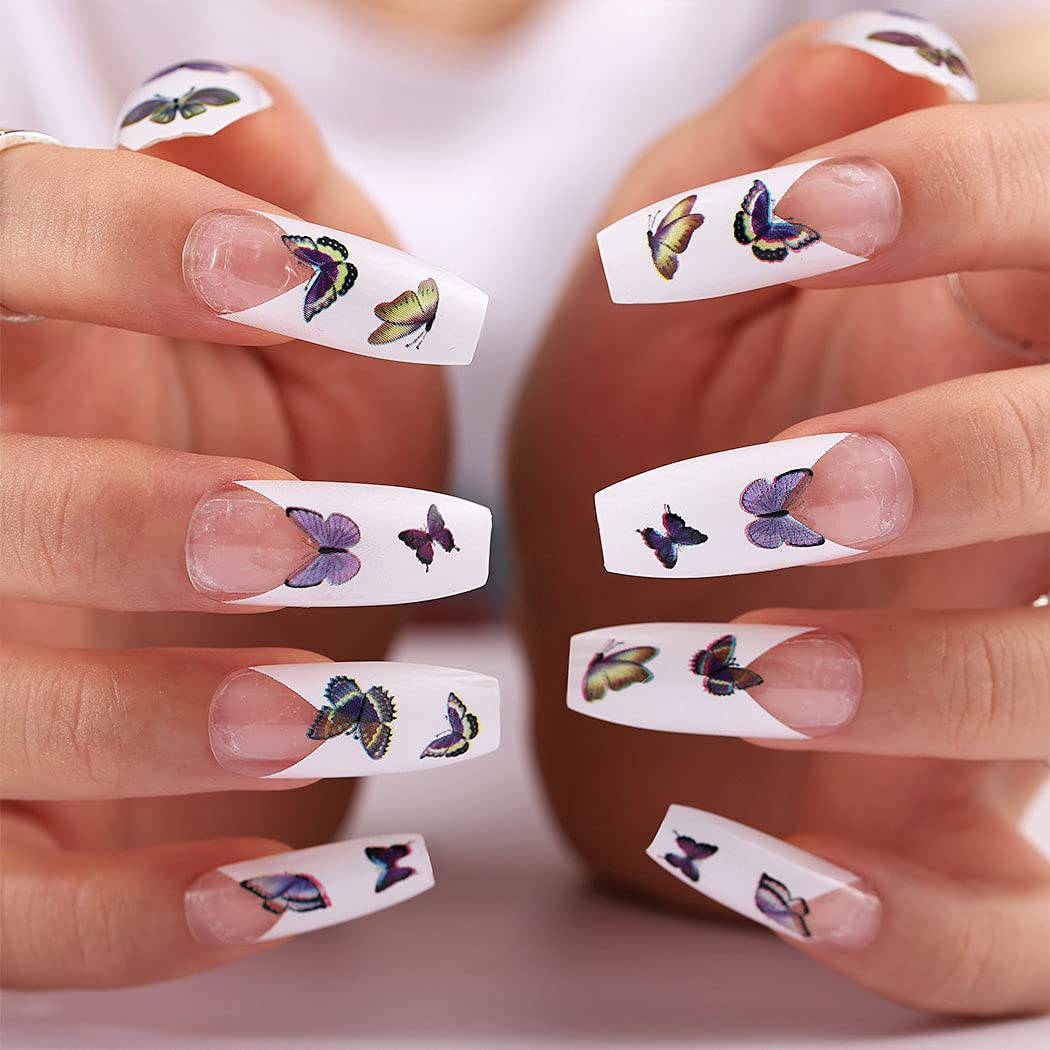 Press On Nails White Glossy French Coffin Butterfly Nail Kit - TGC Boutique - Press On Nails
