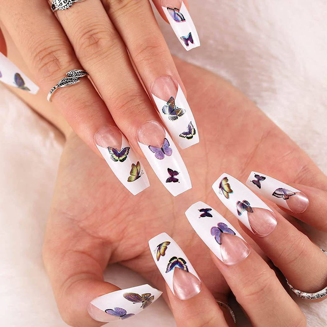 Press On Nails White Glossy French Coffin Butterfly Nail Kit - TGC Boutique - Press On Nails