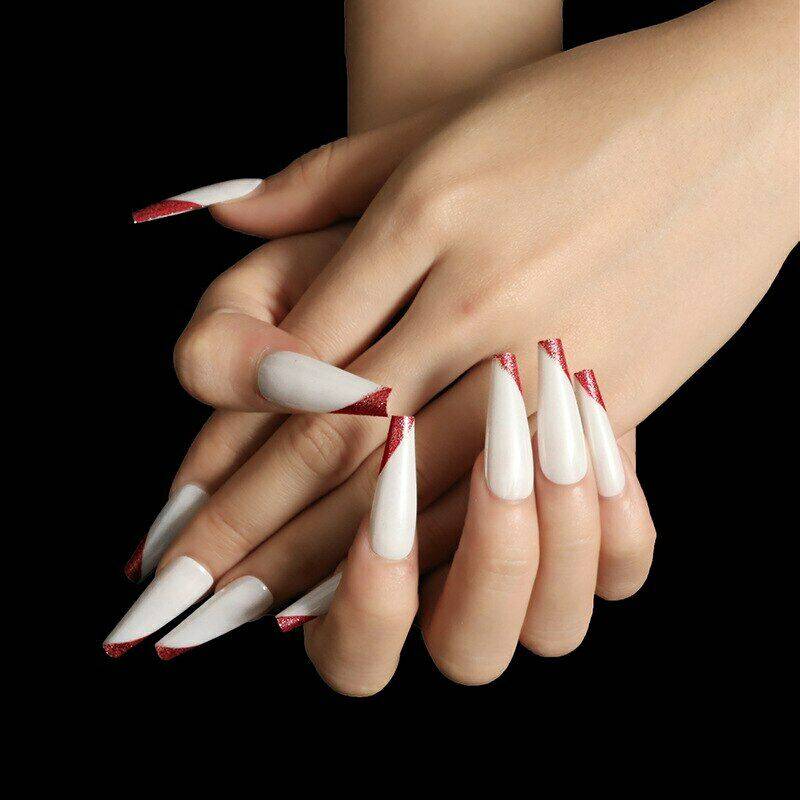 Press On Nails White Glossy Red French Tip Coffin Nail Kit - TGC Boutique - Press On Nails