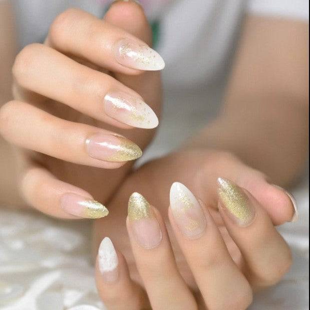 Press On Nails White Ombre Glossy Almond Glitter Nail Kit - TGC Boutique - Press On Nails