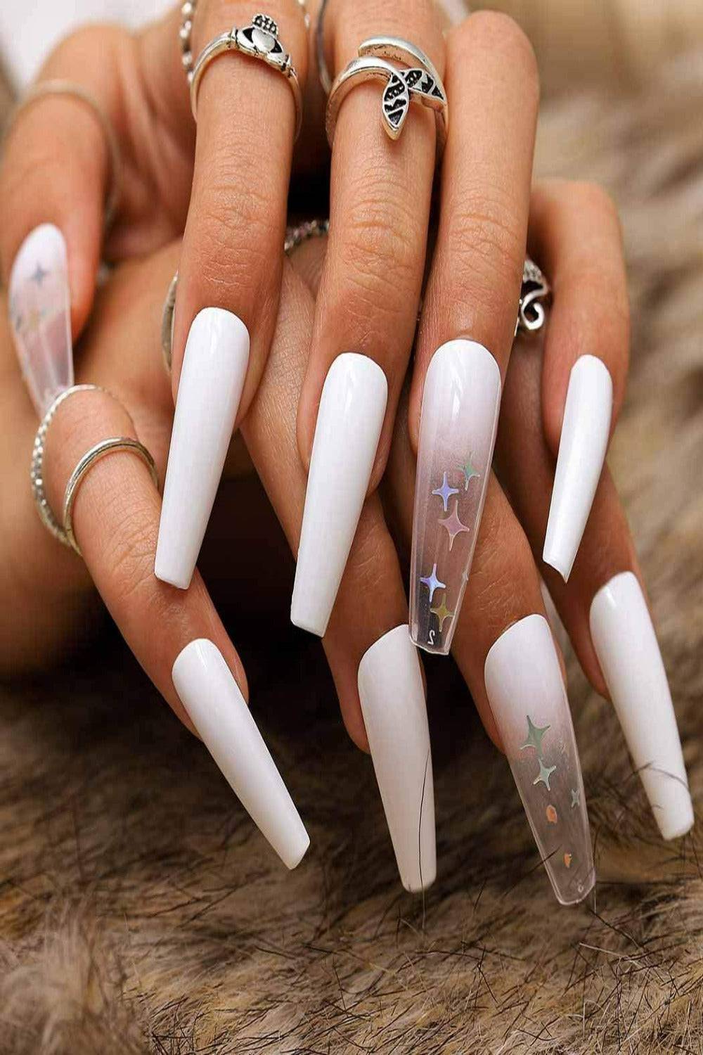 Press On Nails White & Star Ombre Coffin Nail Kit - TGC Boutique - Press On Nails