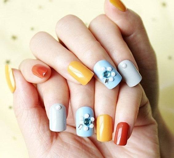 Press On Nails Yellow Glossy Light Blue Square Crystal Nail Kit - TGC Boutique - Press On Nails