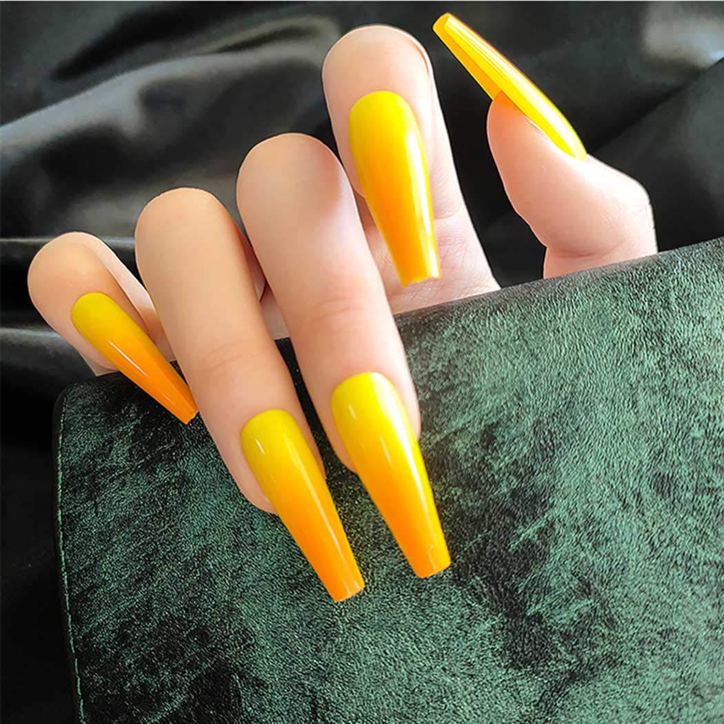 Press On Nails Yellow Ombre Glossy Coffin Orange Nail Kit - TGC Boutique - Press On Nails