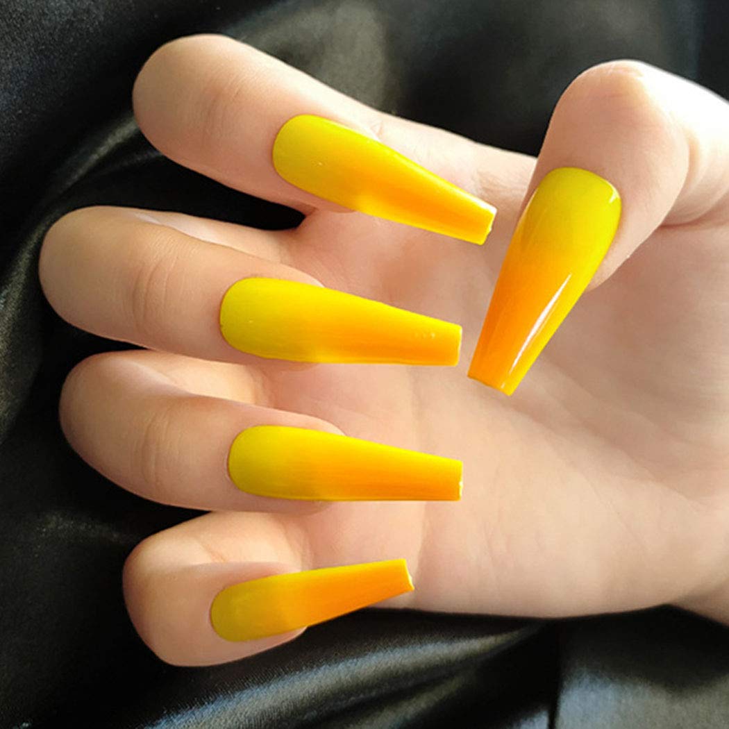 Press On Nails Yellow Ombre Glossy Coffin Orange Nail Kit - TGC Boutique - Press On Nails