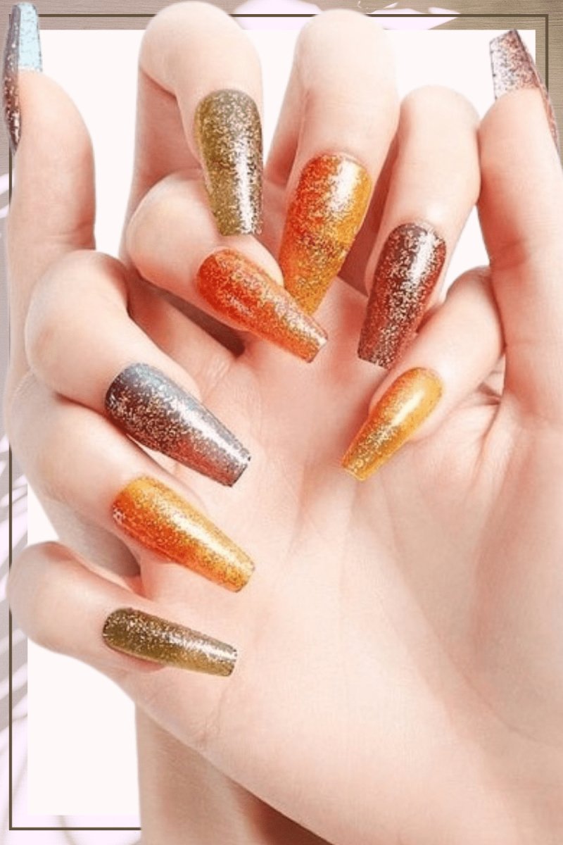 Press On Orange Glossy Green Coffin Glitter Nail Kit - TGC Boutique - Press On Nails
