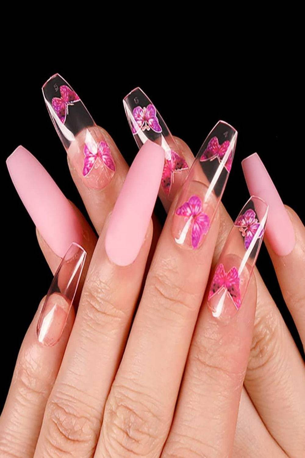 Press On Pink Nails Clear & Pink Coffin Butterfly Nail Kit - TGC Boutique - Press On Nails
