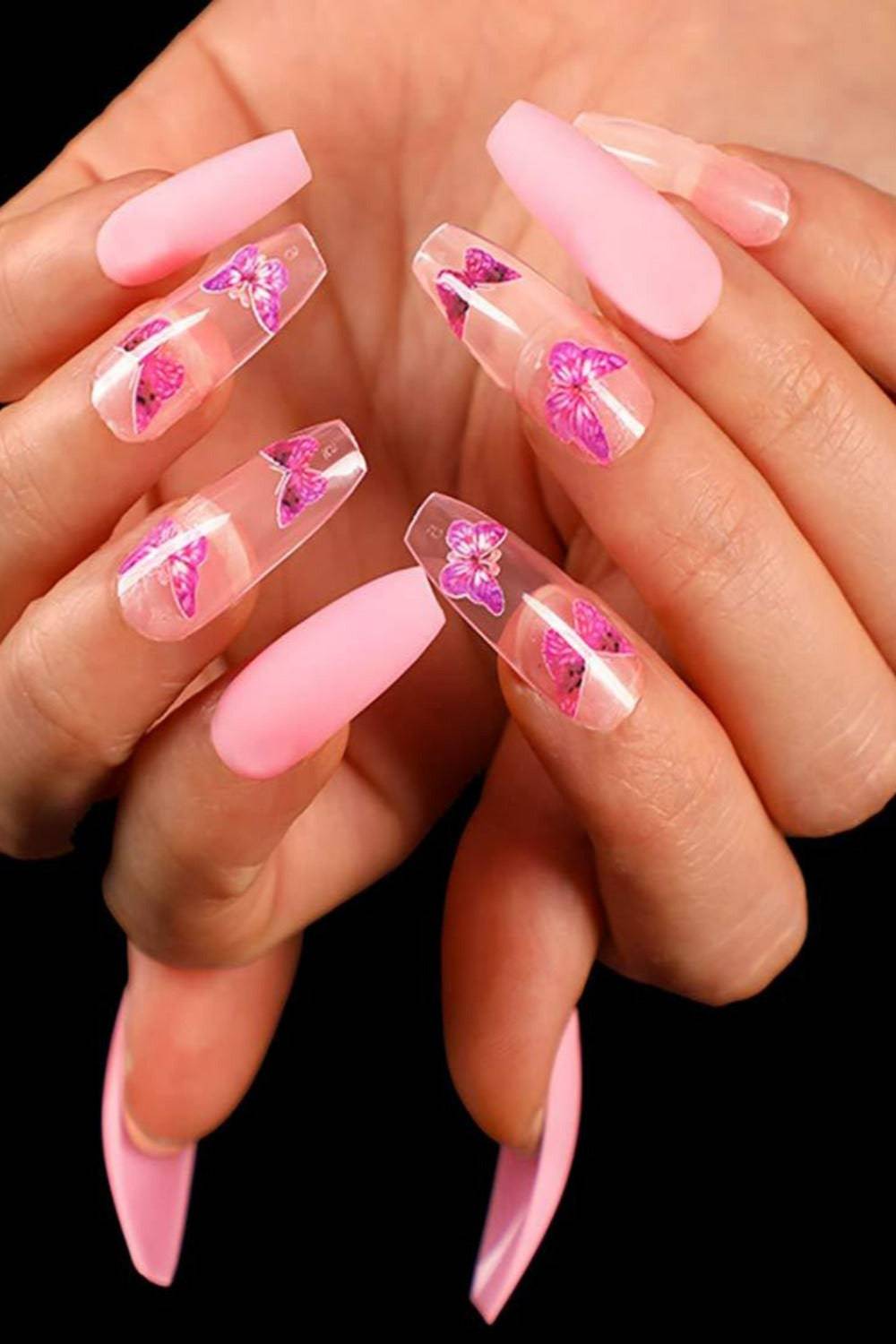 Press On Pink Nails Clear & Pink Coffin Butterfly Nail Kit - TGC Boutique - Press On Nails