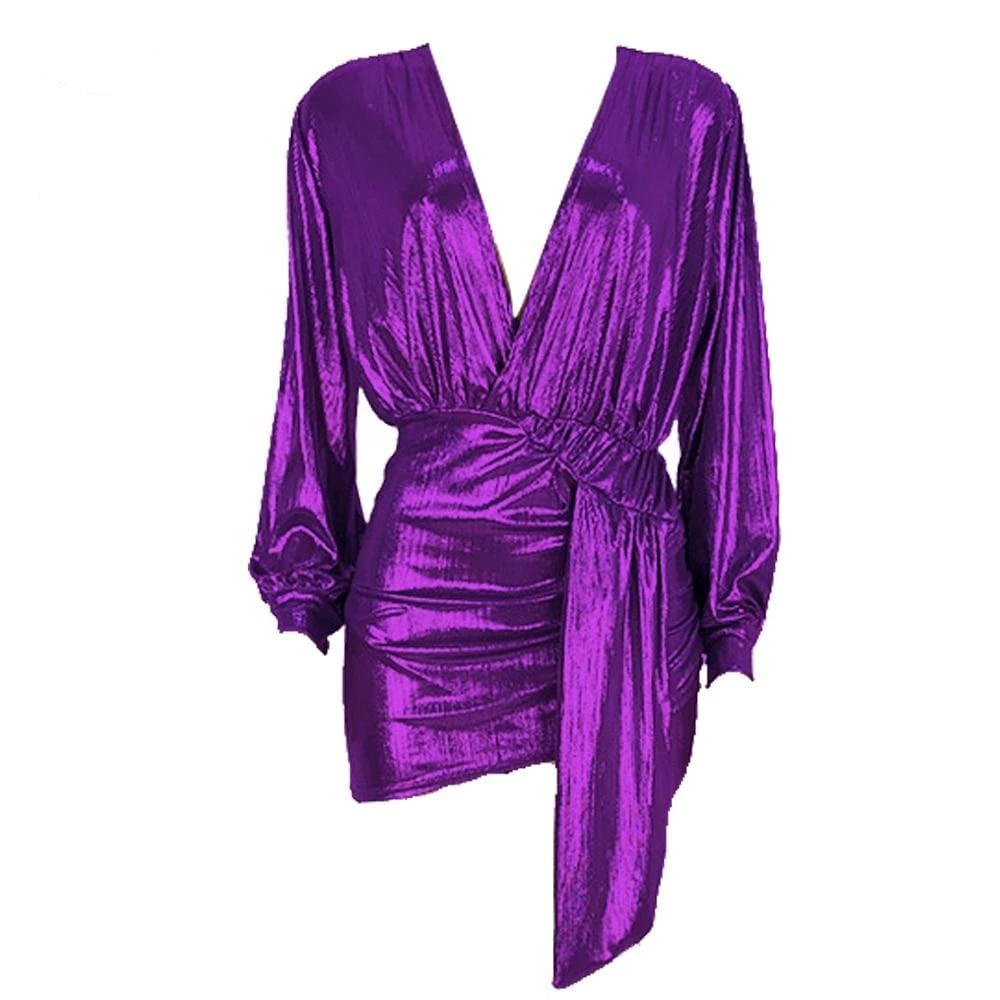 PURPLE METALLIC RUCHED MINI DRESS - TGC Boutique - Purple Mini Dress