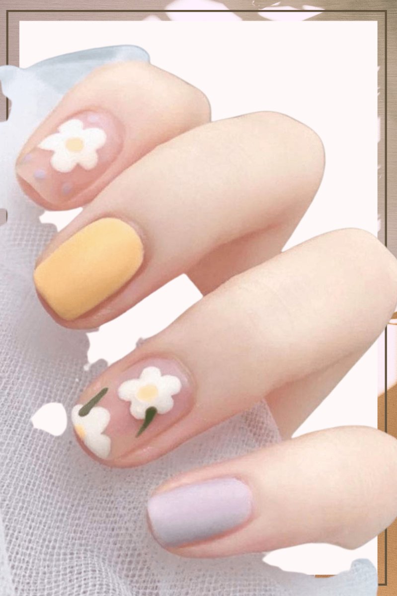 Purple Press On Nails Yellow Glossy Coffin Flower Nail Kit - TGC Boutique - Press On Nails