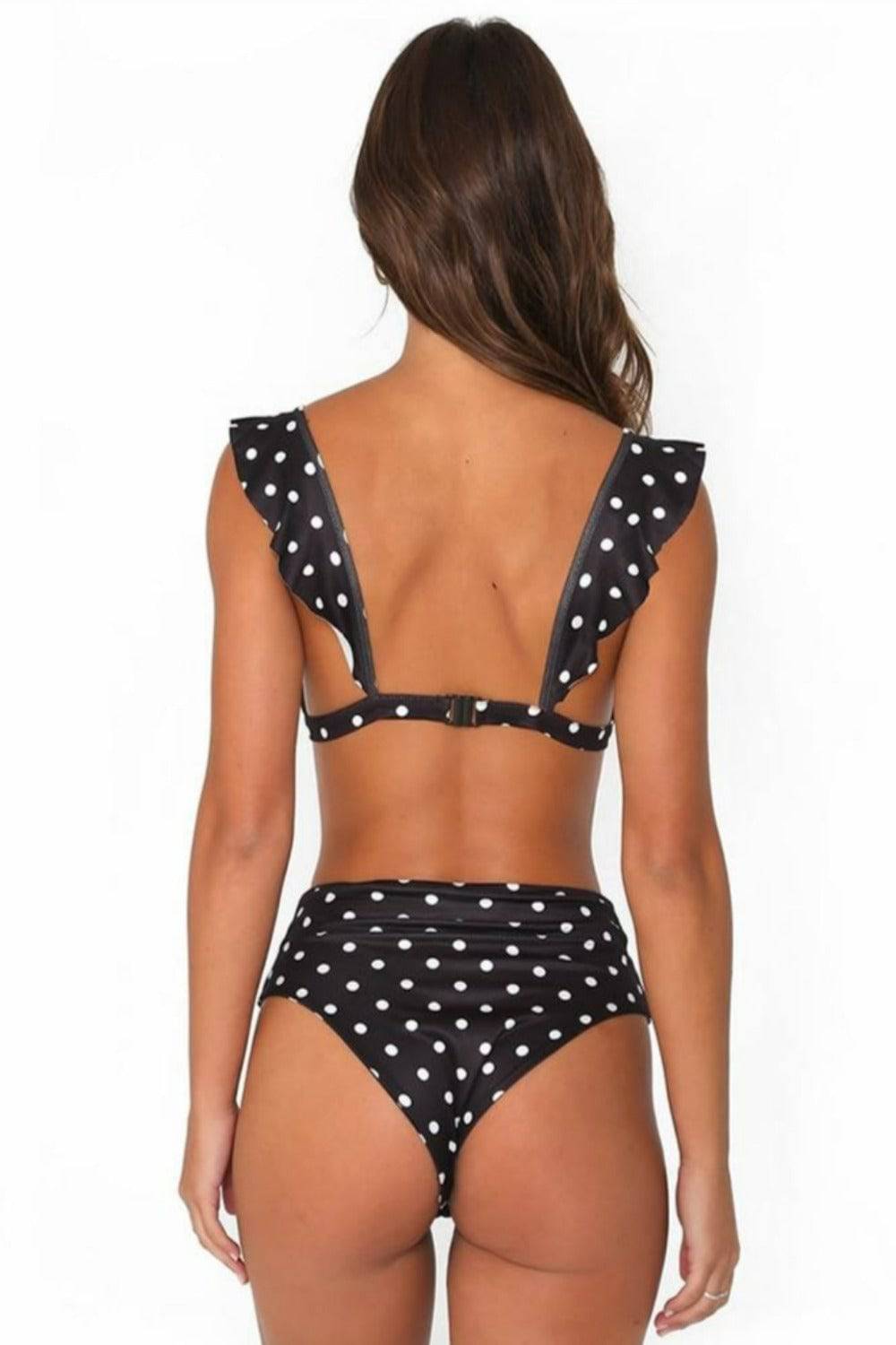 Rachel Polka Dot Ruffle Black High Waisted Bikini - TGC Boutique - Polka Dot Swimsuit