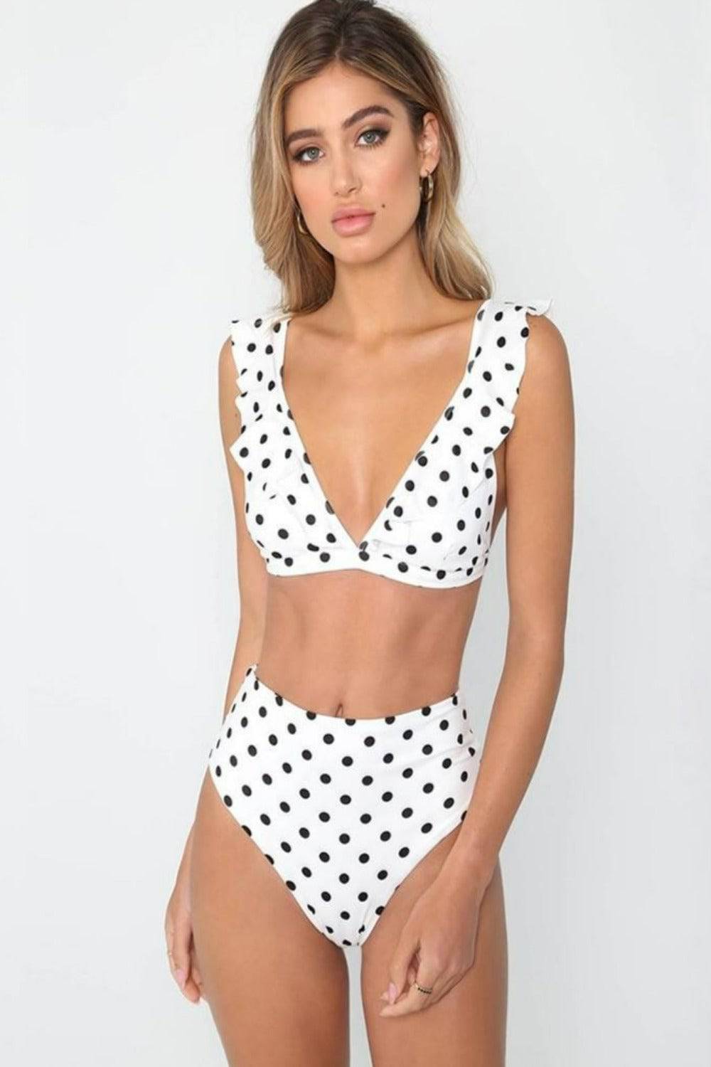 Rachel Polka Dot Ruffle High Waisted White Bikini - TGC Boutique - Polka Dot Swimsuit