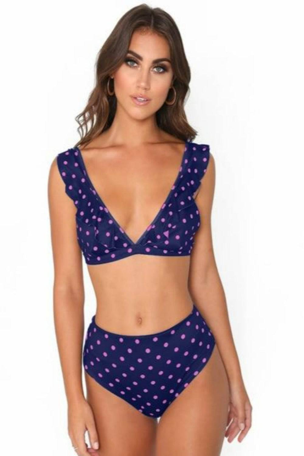 Rachel Polka Dot Ruffle Purple High Waisted Bikini - TGC Boutique - Bikini