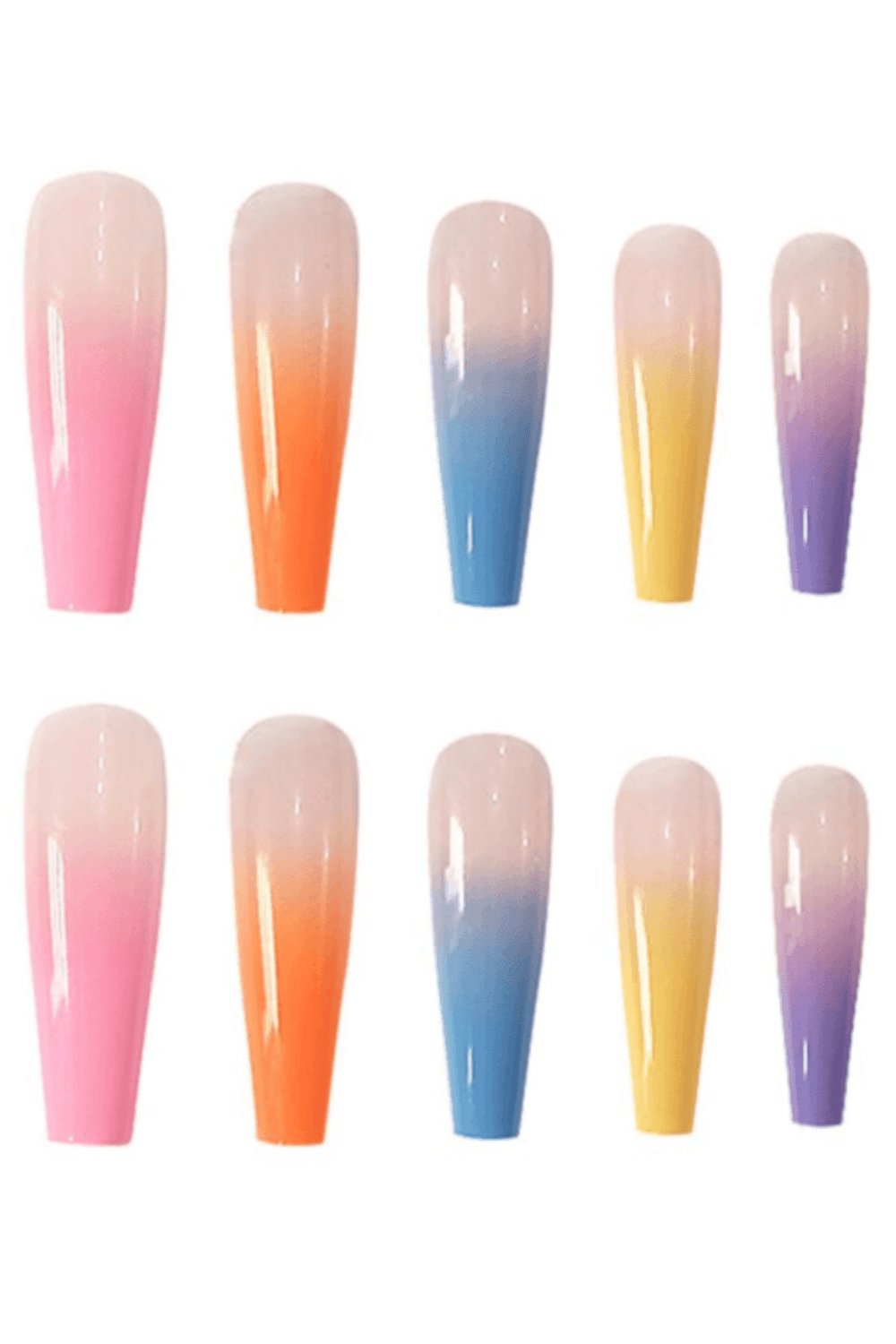 Rainbow Ombre Press On Nails Glossy Coffin Tip Nail Kit - TGC Boutique - Press On Nails