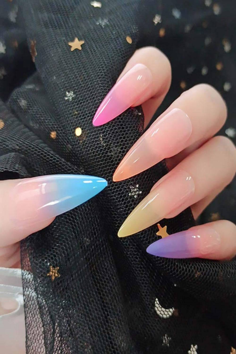 Rainbow Ombre Press On Nails Glossy Stiletto Tip Nail Kit - TGC Boutique - Press On Nails