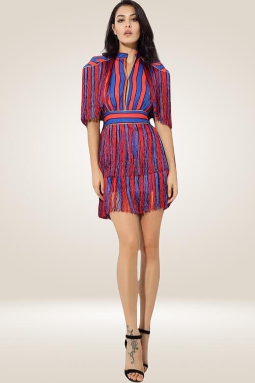 Red And Blue Striped Fringe Mini Dress - TGC Boutique - Mini Dress