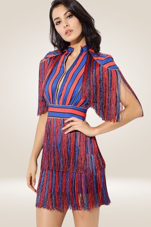 Red And Blue Striped Fringe Mini Dress - TGC Boutique - Mini Dress