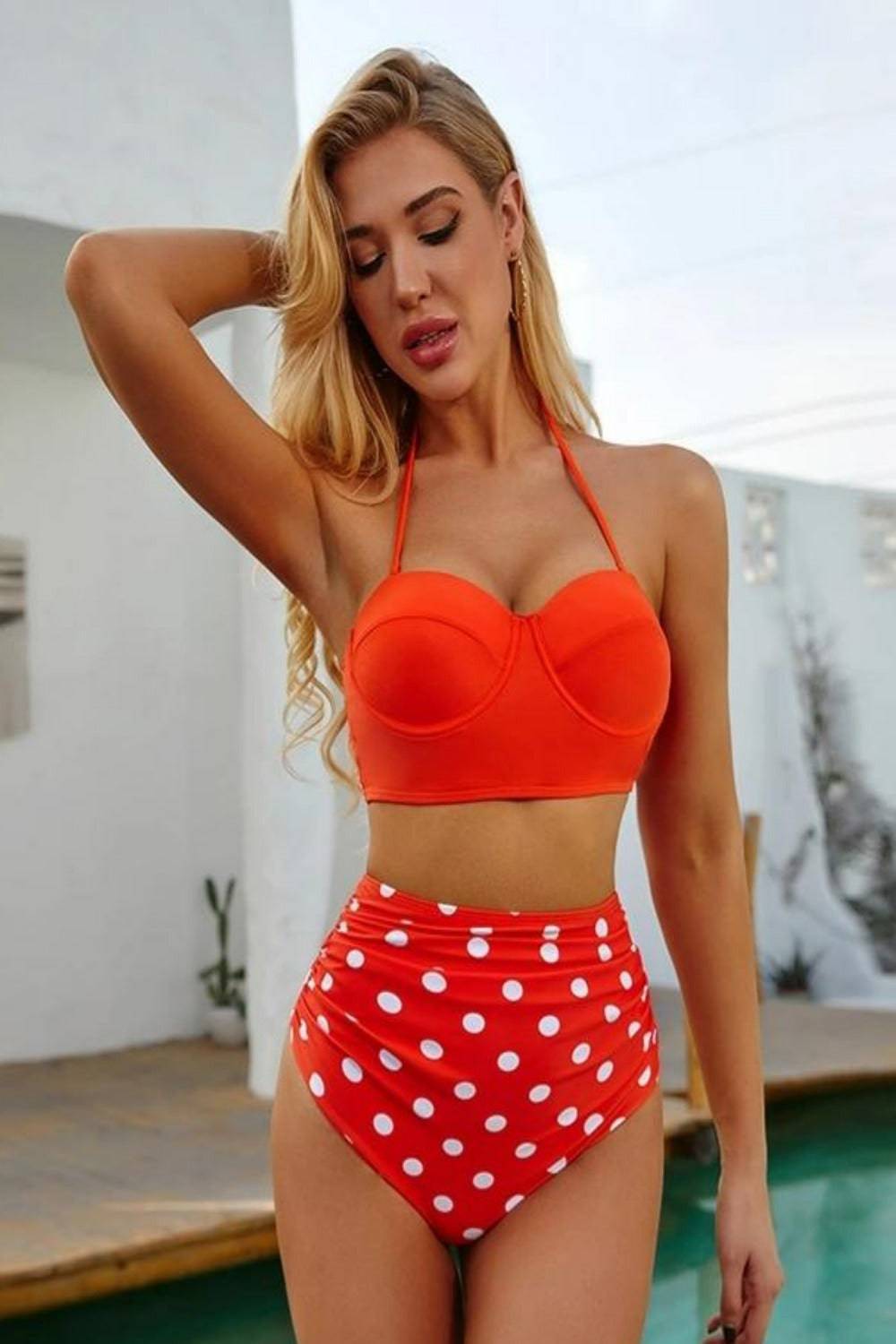 Red Bikini Bustier Halter Bra High Waisted Two-Piece Swimsuit - TGC Boutique - Red Bikini Swimsuit