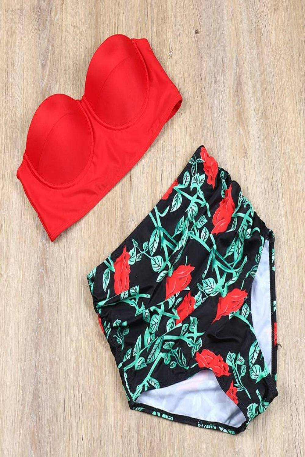 Red Floral Bikini High Waisted Bustier Bra Two-Piece Swimsuit - TGC Boutique - Swimsuit