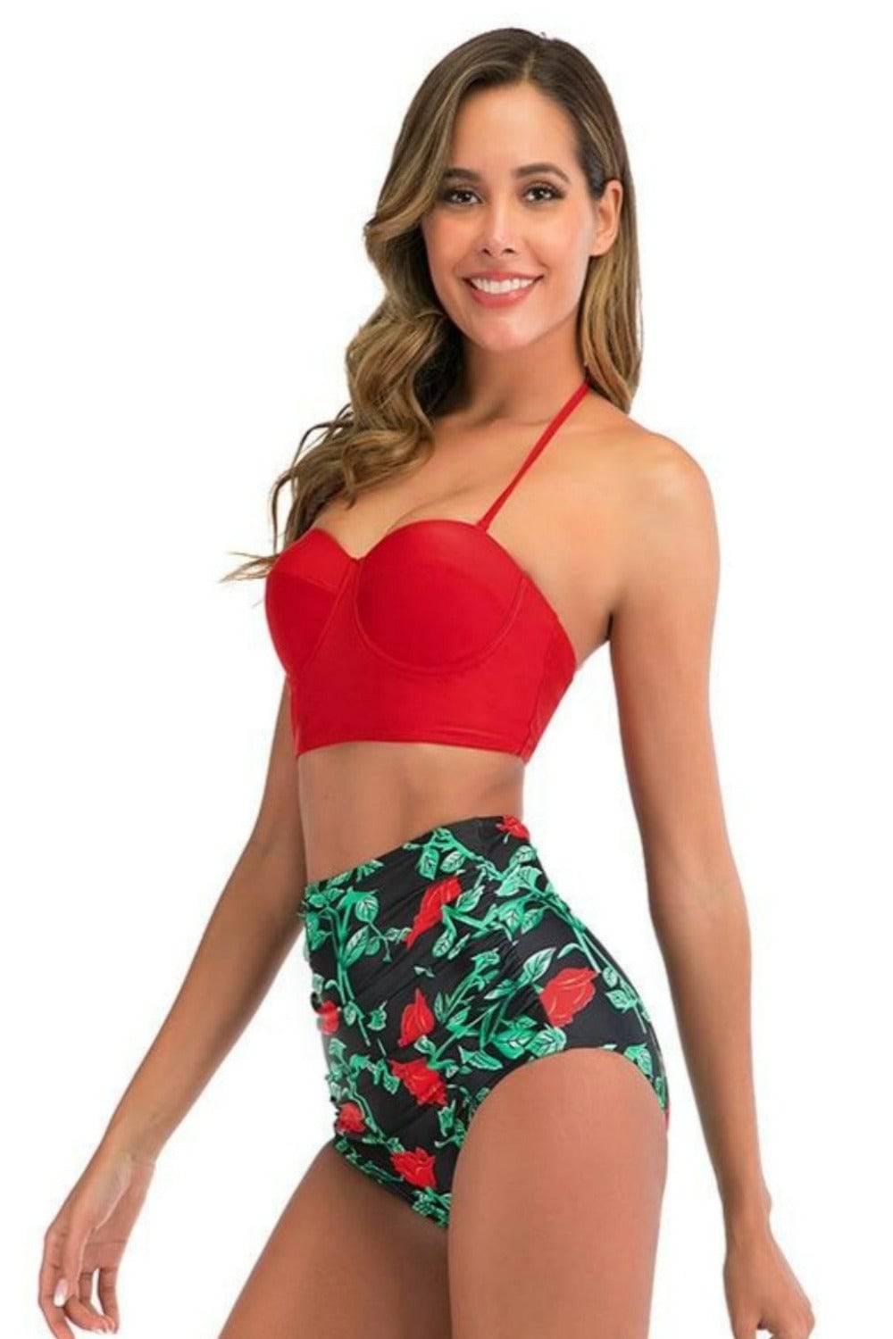 Red Floral Bikini High Waisted Bustier Bra Two-Piece Swimsuit - TGC Boutique - Swimsuit