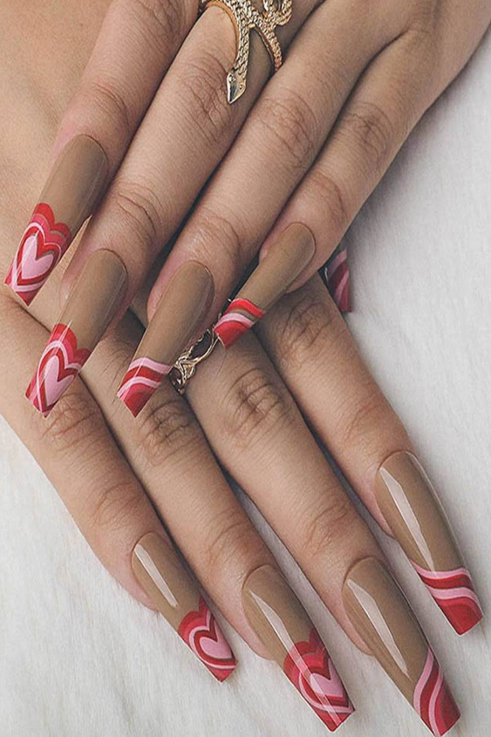 Red Heart French Tip Coffin Wave Swirl Press On Nails Kit - TGC Boutique - Press On Nails