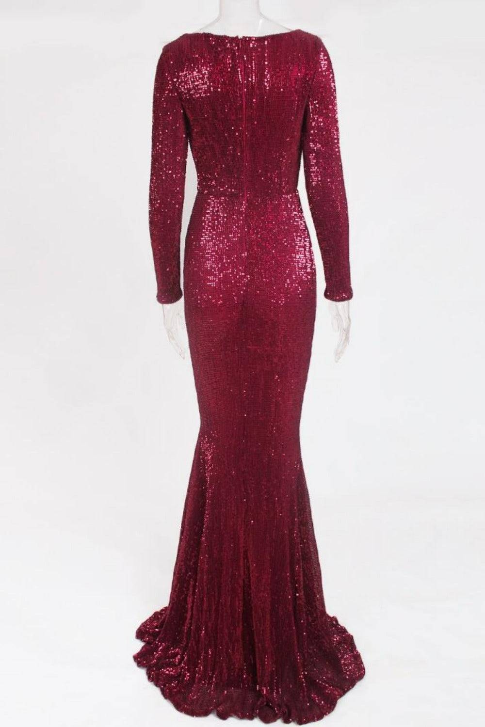 Red Long Sleeve Sequins Mermaid Maxi Dress - TGC Boutique - Red Evening Gown