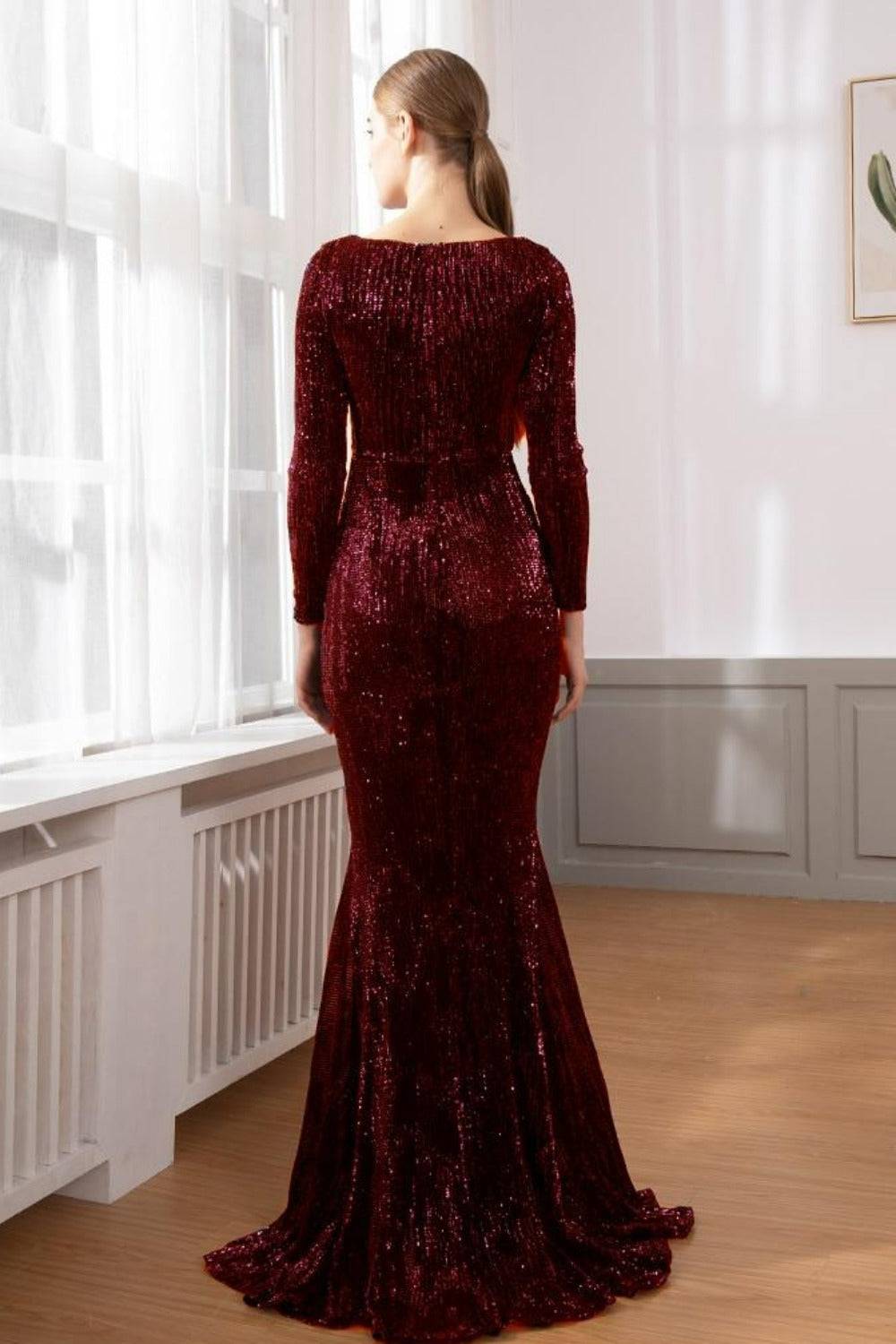 Red Long Sleeve Sequins Mermaid Maxi Dress - TGC Boutique - Red Evening Gown