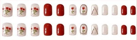 Red Press On Nails Flower Glossy Coffin Crystal Nail Kit - TGC Boutique - Press On Nails