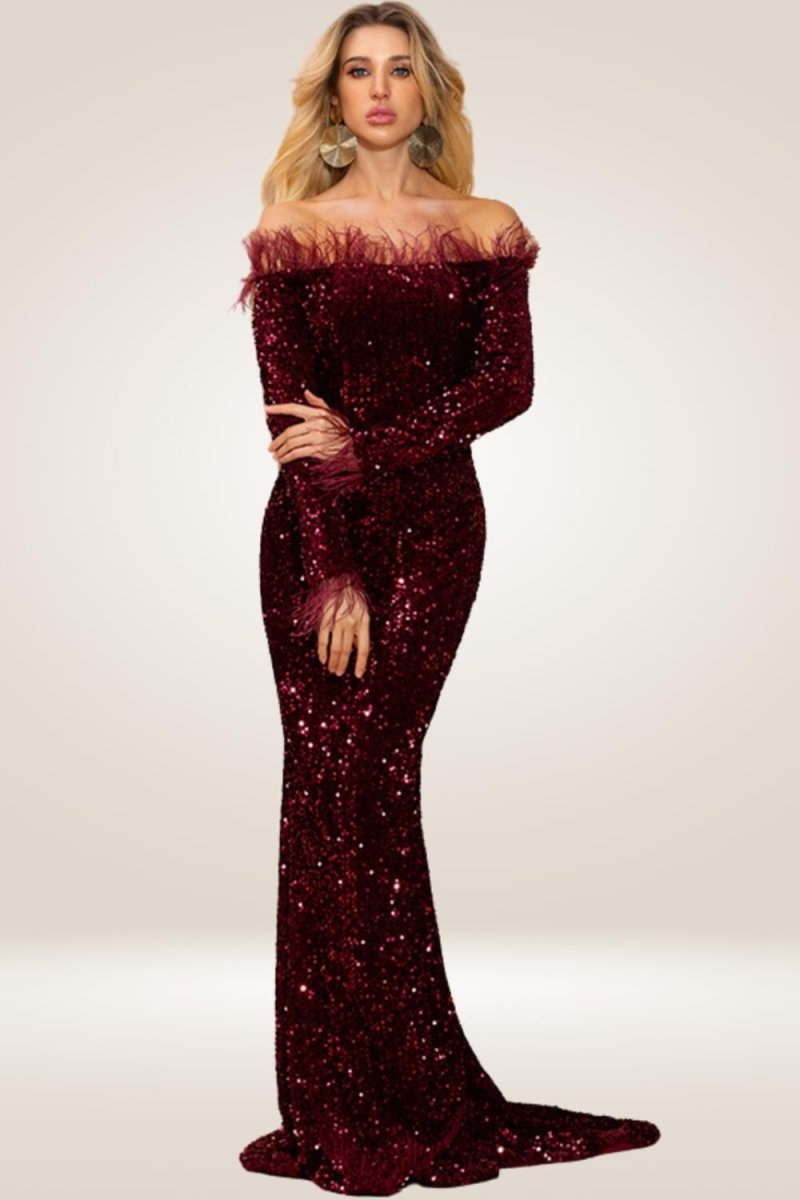 Red Sequin Strapless Feather Long Sleeve Maxi Dress - TGC Boutique - maxi dress