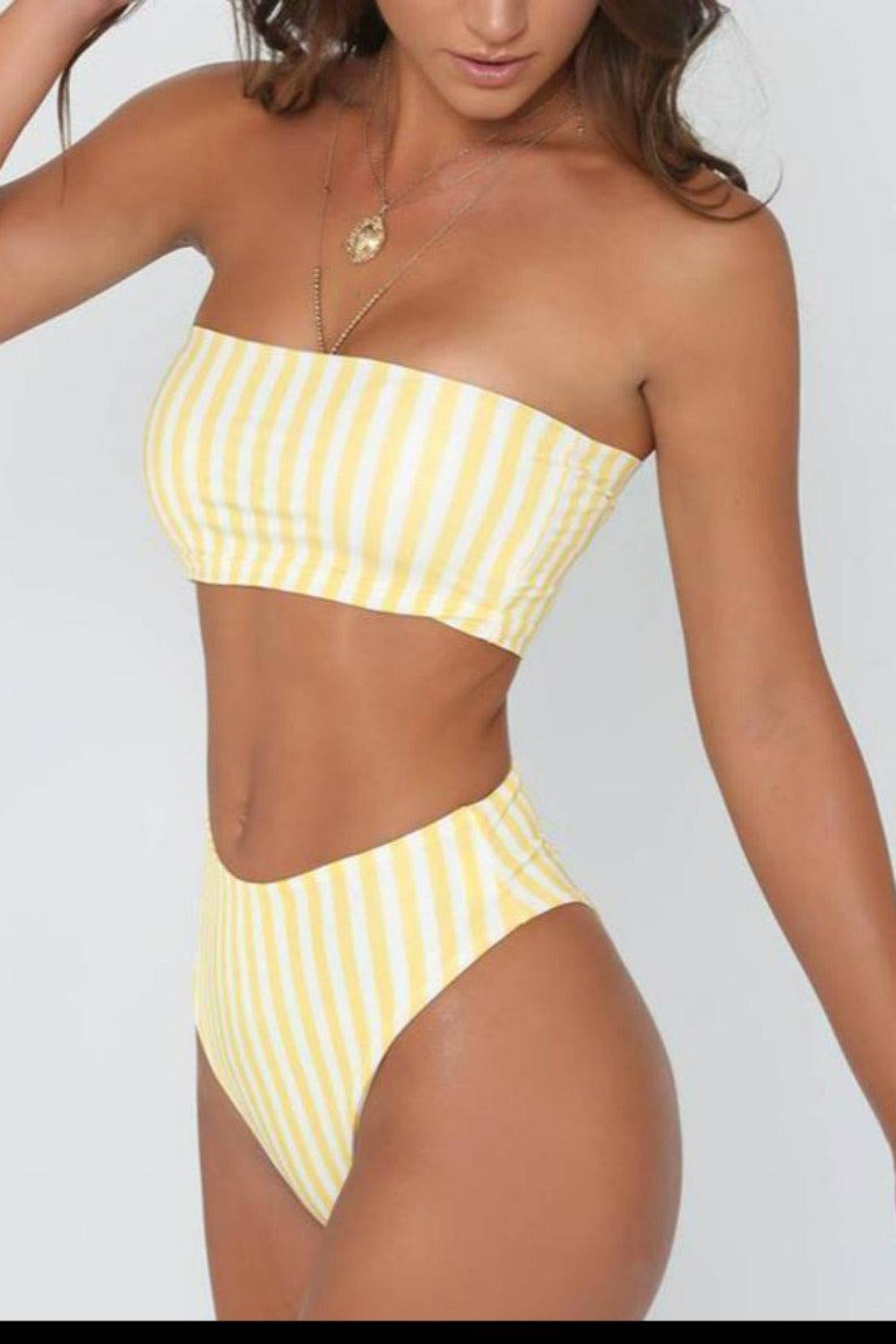 Retro Yellow Striped Strapless Bikini - TGC Boutique - Yellow Stirpes Swimsuit